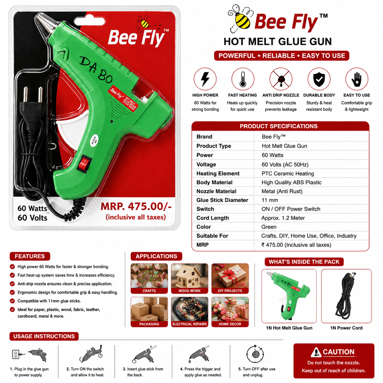 Bee Fly 60-Watt Hot Melt Glue Gun with On/Off Switch (Green)