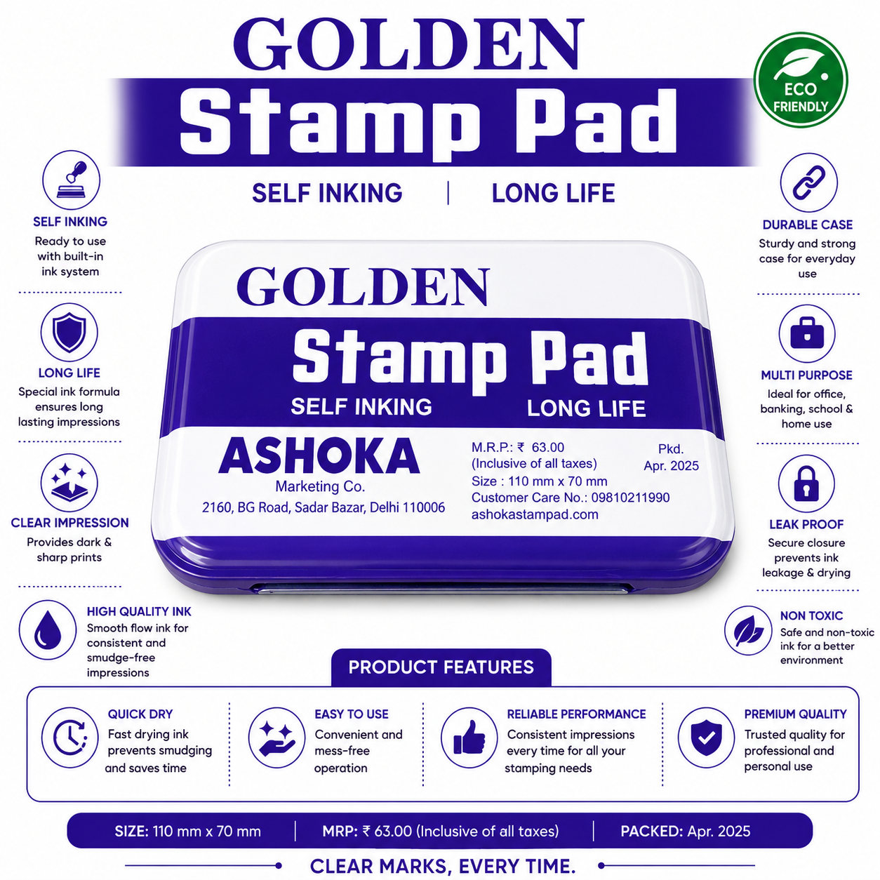 Golden Premium Blue Self-Inking Stamp Pad (110 mm x 70 mm)