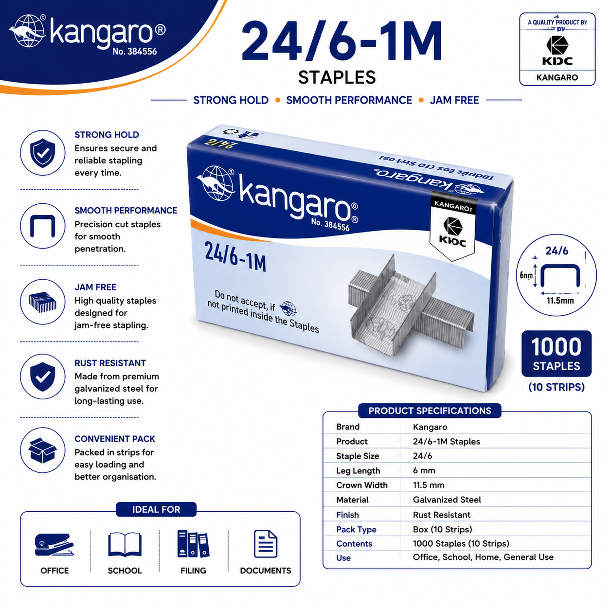 Kangaro 24/6-1M Premium Galvanized Steel Staples (1000 Staples)