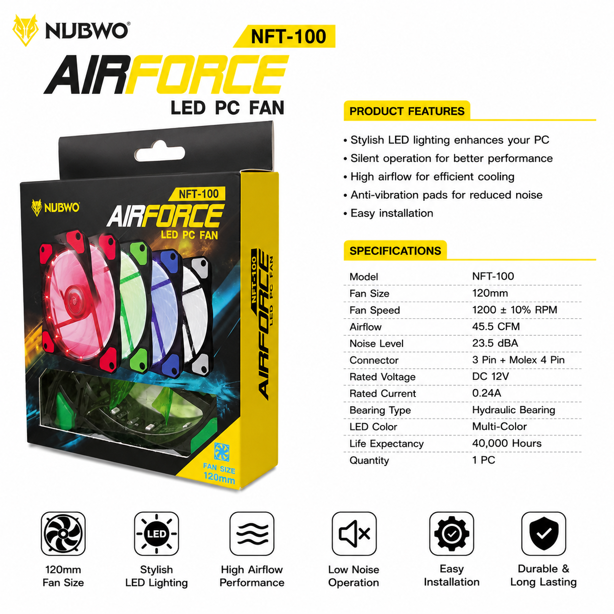 NUBWO | AIRFORCE | NFT-100 | LED PC Fan – 120mm